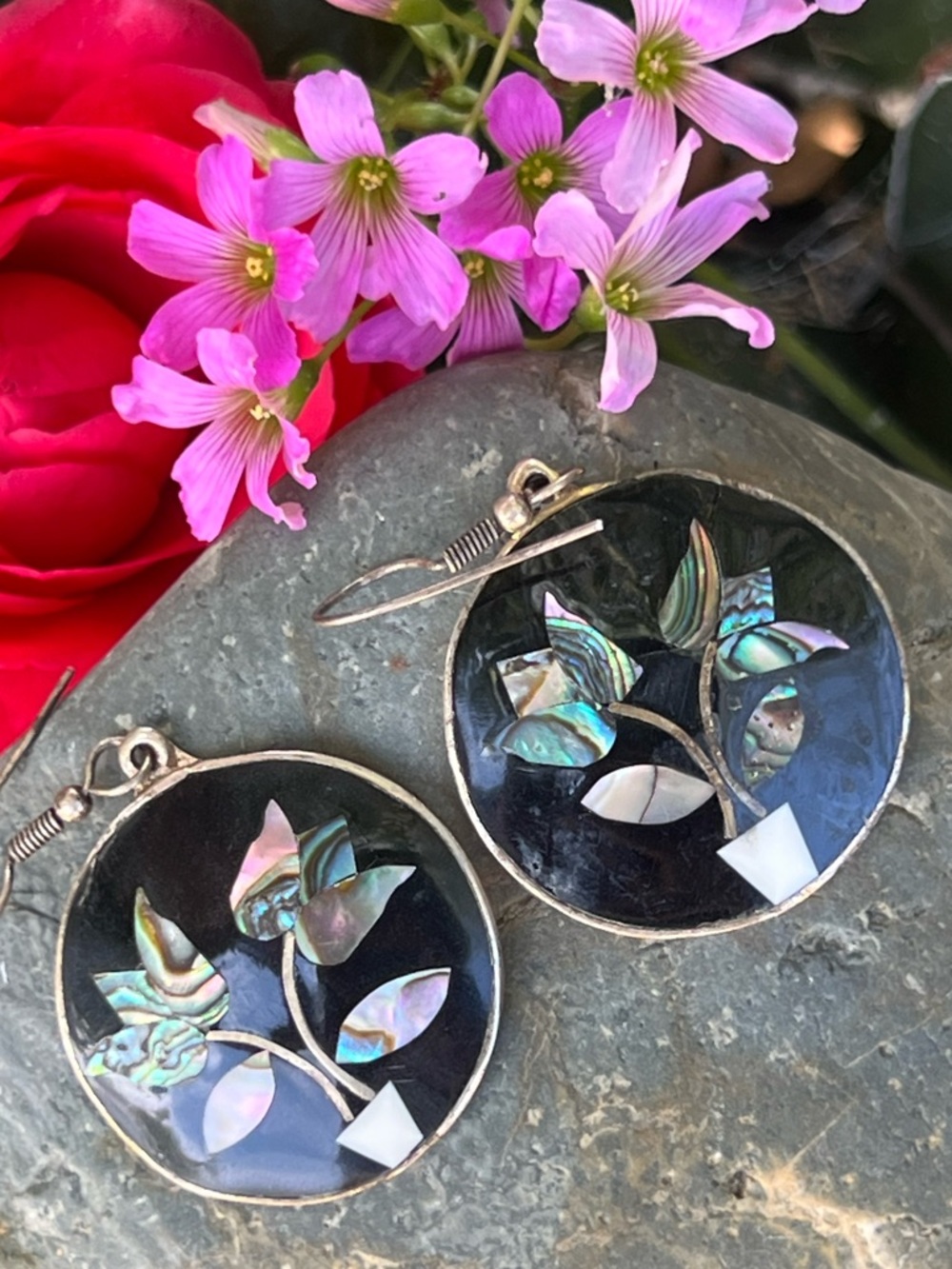 Vintage Alpaca Mexico Abalone Inlay Earrings Silver Tone